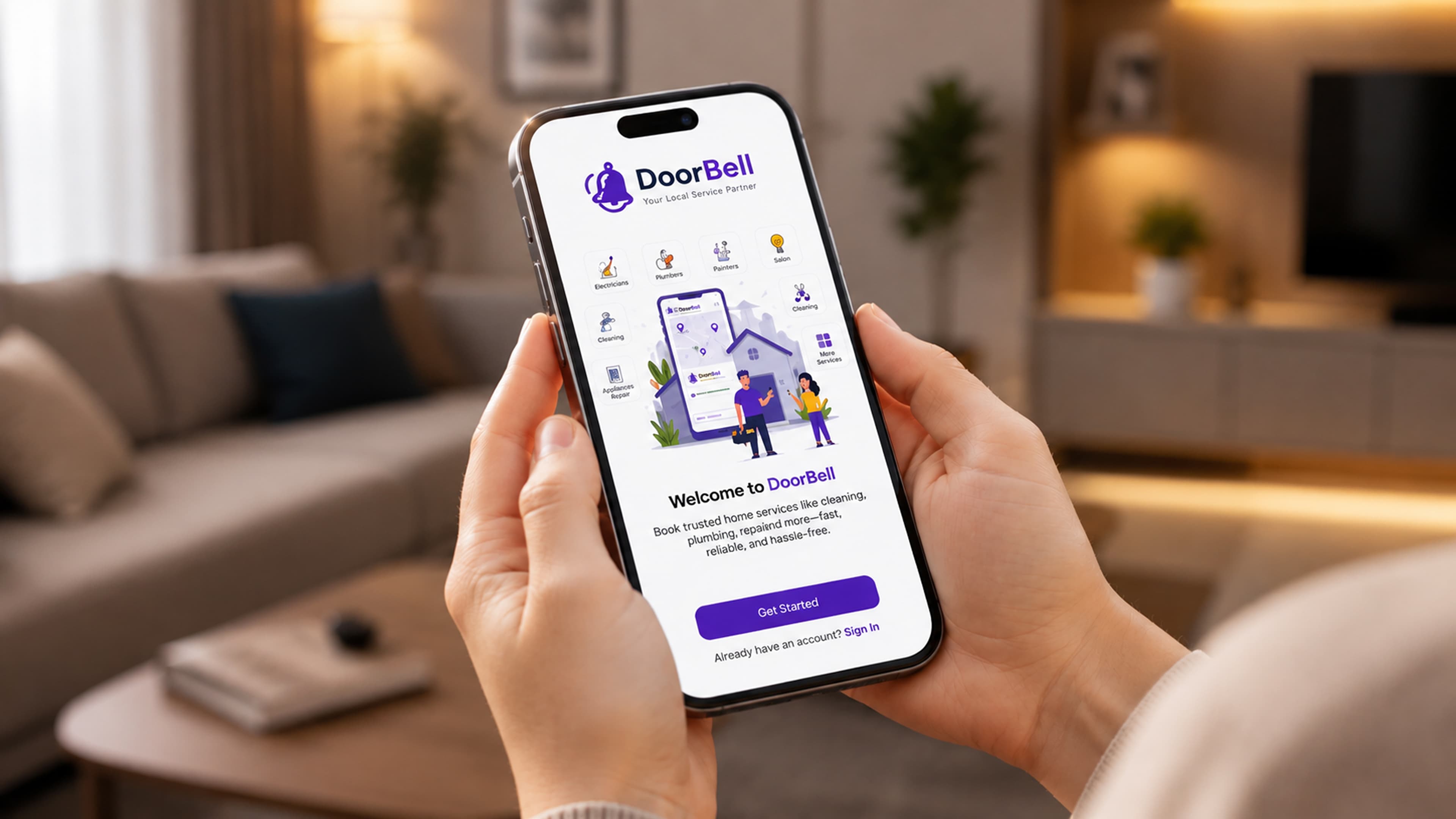 DoorBell app welcome screen shown on a phone held in a living room