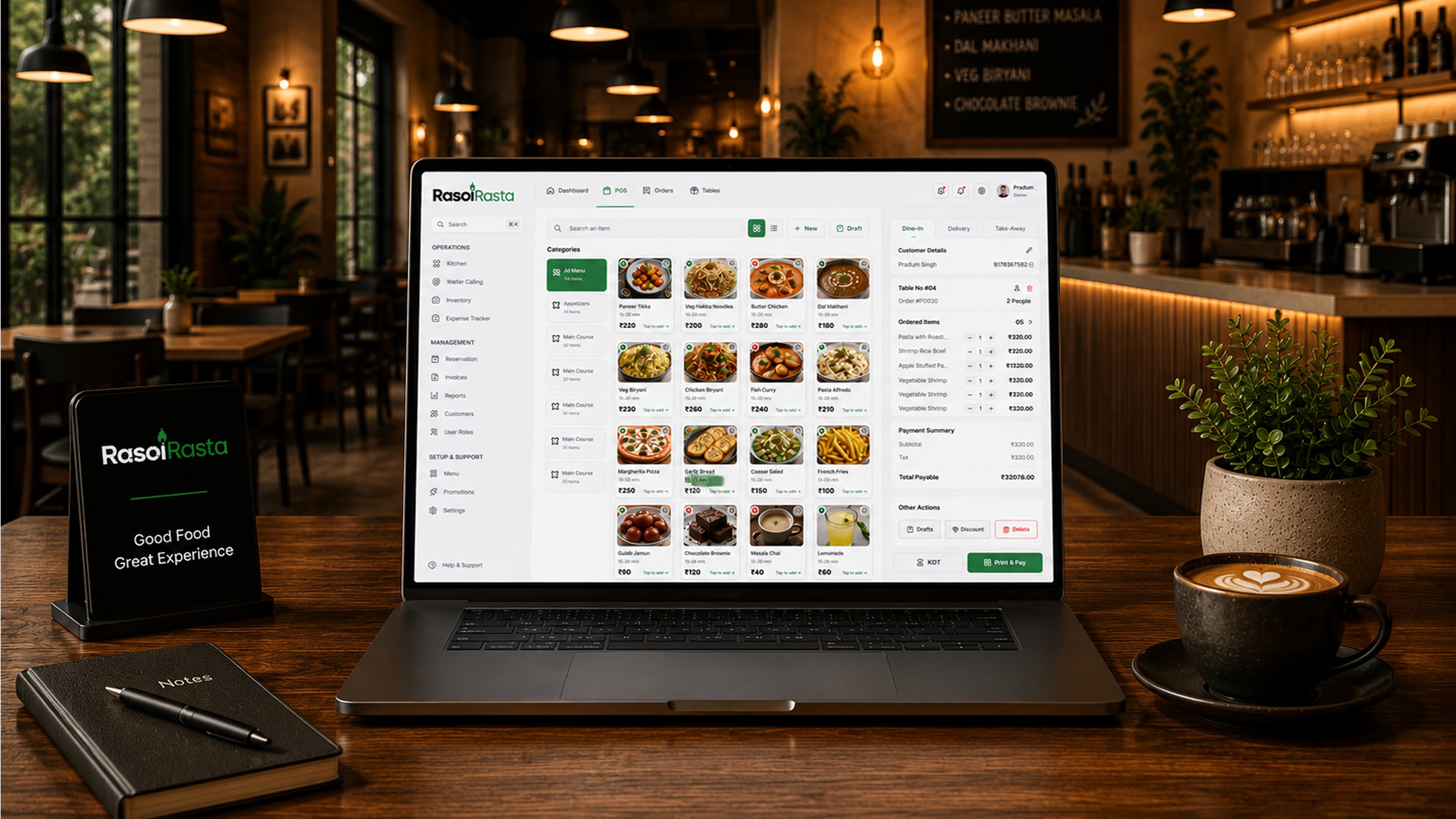 Rasoi Rasta POS dashboard shown on a laptop inside a warmly lit restaurant